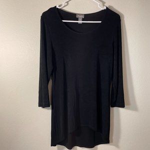 Chicos Travelers Tunic Womens Size 0 Small Black Slinky 3/4 Sleeve HI/LOW Hem